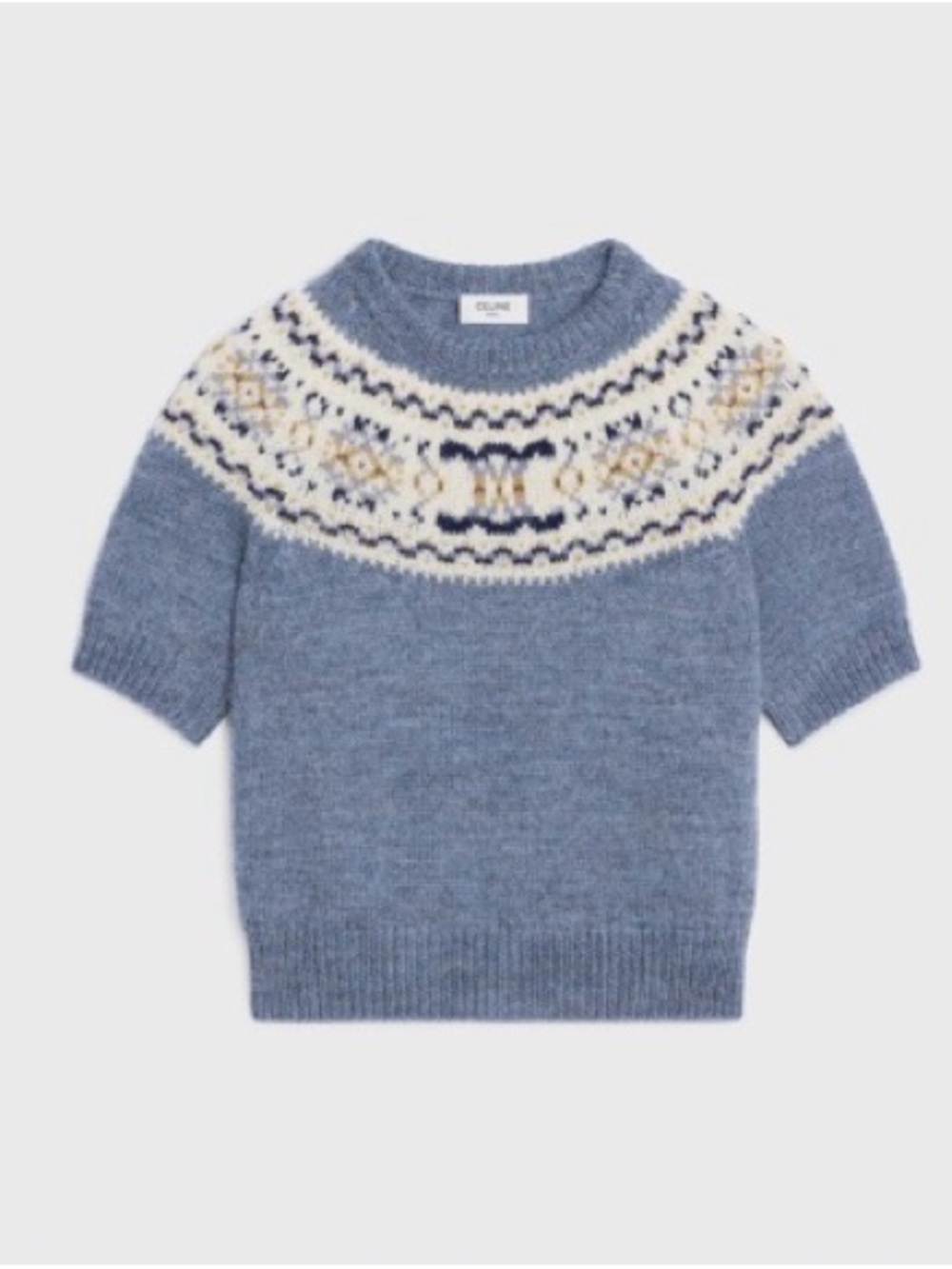 Celine Blue Short-Sleeve Fair Isle Knit Sweater
